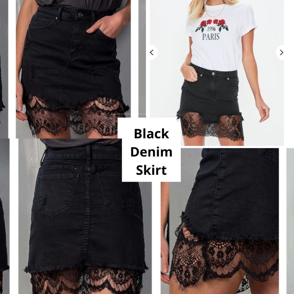 Black Denim Skirt with lace hem